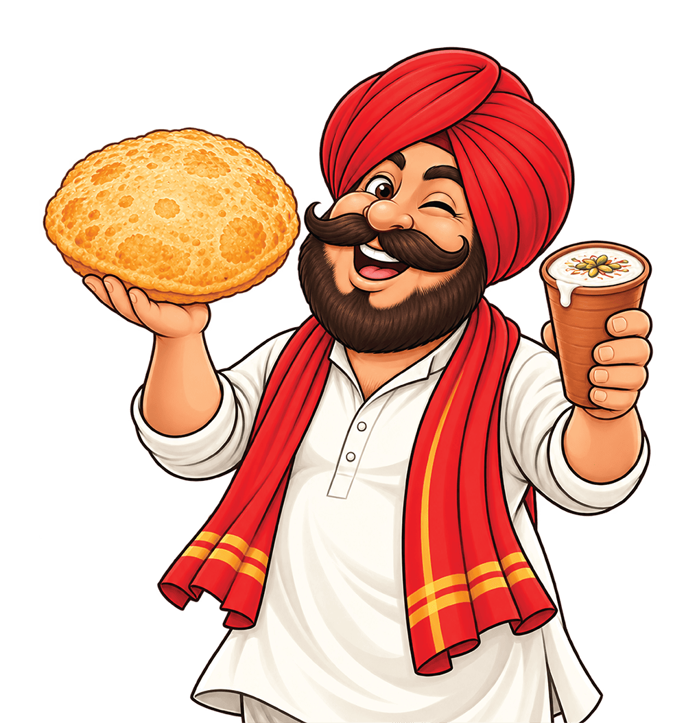 Punjabi chef holding bhatura and drink